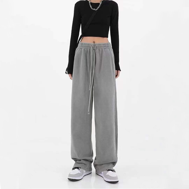 Retro Washed Distressed Casual Pants High Street Ins Design Sense Straight-Leg Pants Women's Drape Wide Leg Split