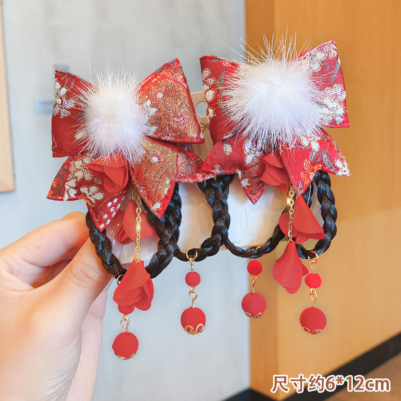 New Year Chinese Style Bow Braid Children Antique Hairpin Baby Wig Hair Accessories Headdress for Han Chinese Clothing Wholesale