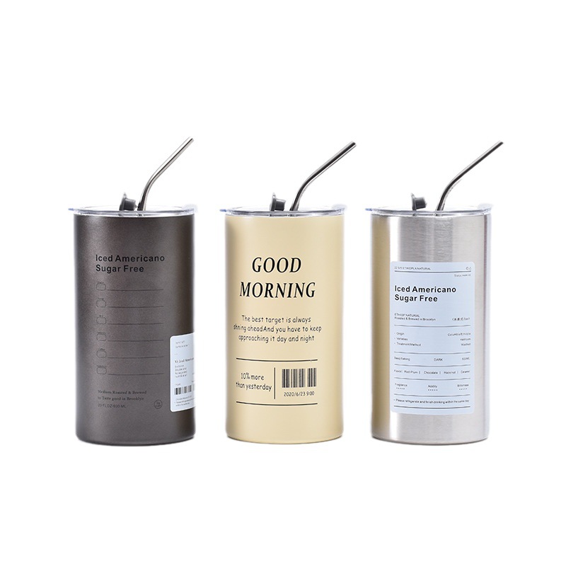 Customized Creative 304 Stainless Steel Ice American Coffee Cup Vacuum Double Layer Tumbler Good-looking Portable Straw Cup