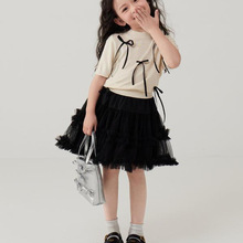 韩系女童短袖T恤儿童夏套装裙女孩蝴蝶结针织上衣黑纱
