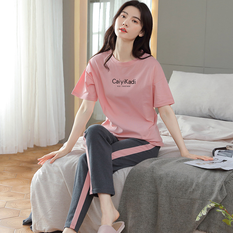 Women's Cotton Pajamas Summer Pullover Short-Sleeved Trousers Summer Thin Full Cotton Casual Outerwear Homewear Suit