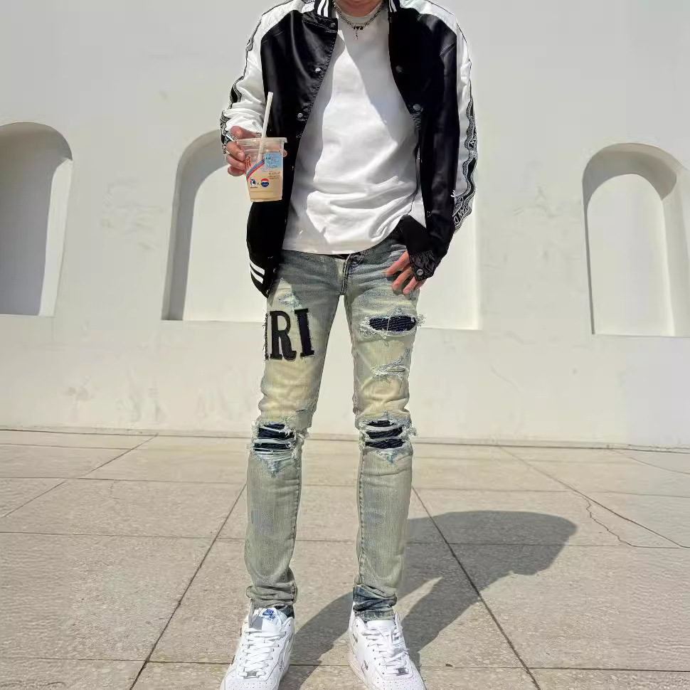 美式高街潮牌amr潮男复古做旧刺绣牛仔裤男破洞弹力修身小脚长裤