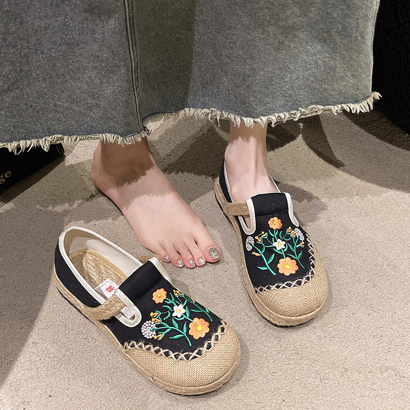 2024春款绣花鞋 平跟低帮刺绣浅口单鞋 文艺民族风女鞋亚麻休闲鞋