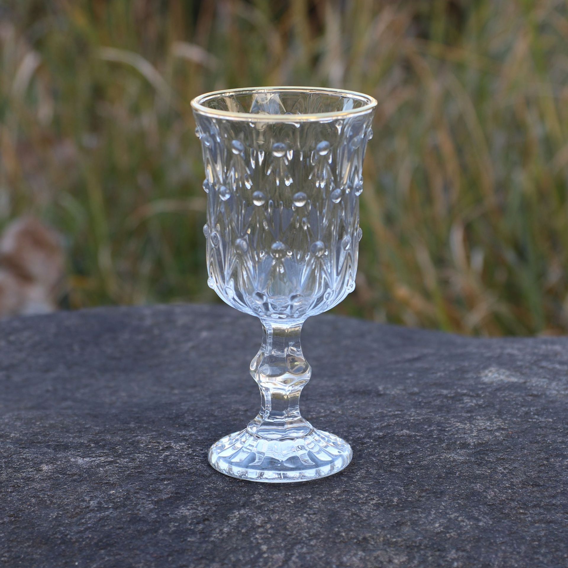 透明水晶玻璃杯高脚杯菱形珠点花纹香槟杯描金电镀红酒杯酒具批发