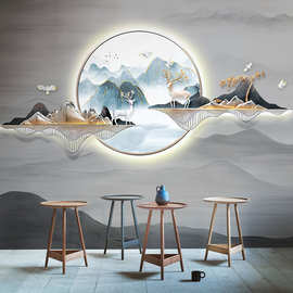 现代简约新中式壁布3d立体客厅电视背景墙纸沙发壁画鹿山水墨墙布
