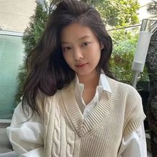 Jennie金智妮同款杏色马甲针织衫麻花韩国东大门宽松中长款毛衣女