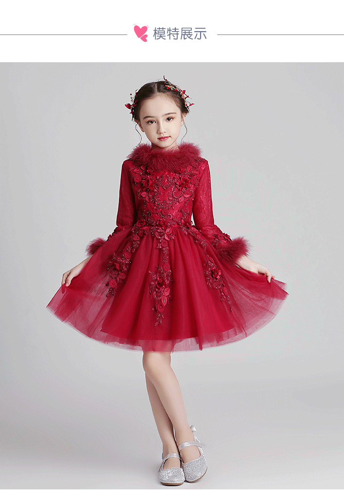 红色女童礼服主持人演出短款蓬蓬纱公主裙小女孩长袖儿童拜年礼服
