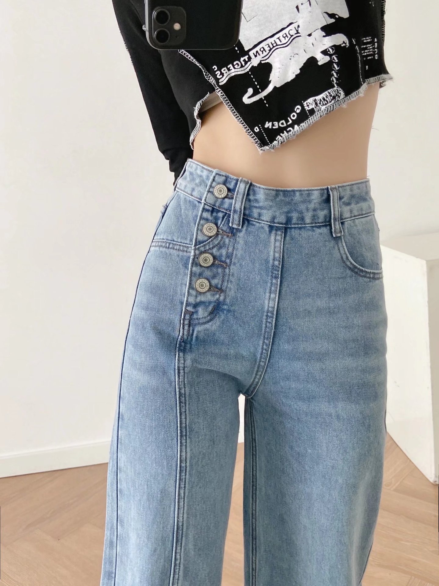 European and American Style Irregular Breasted High Waist Jeans Women's Jeans Elegant Loose Raw Hem Straight-Leg Trousers Draping Mopping Pants