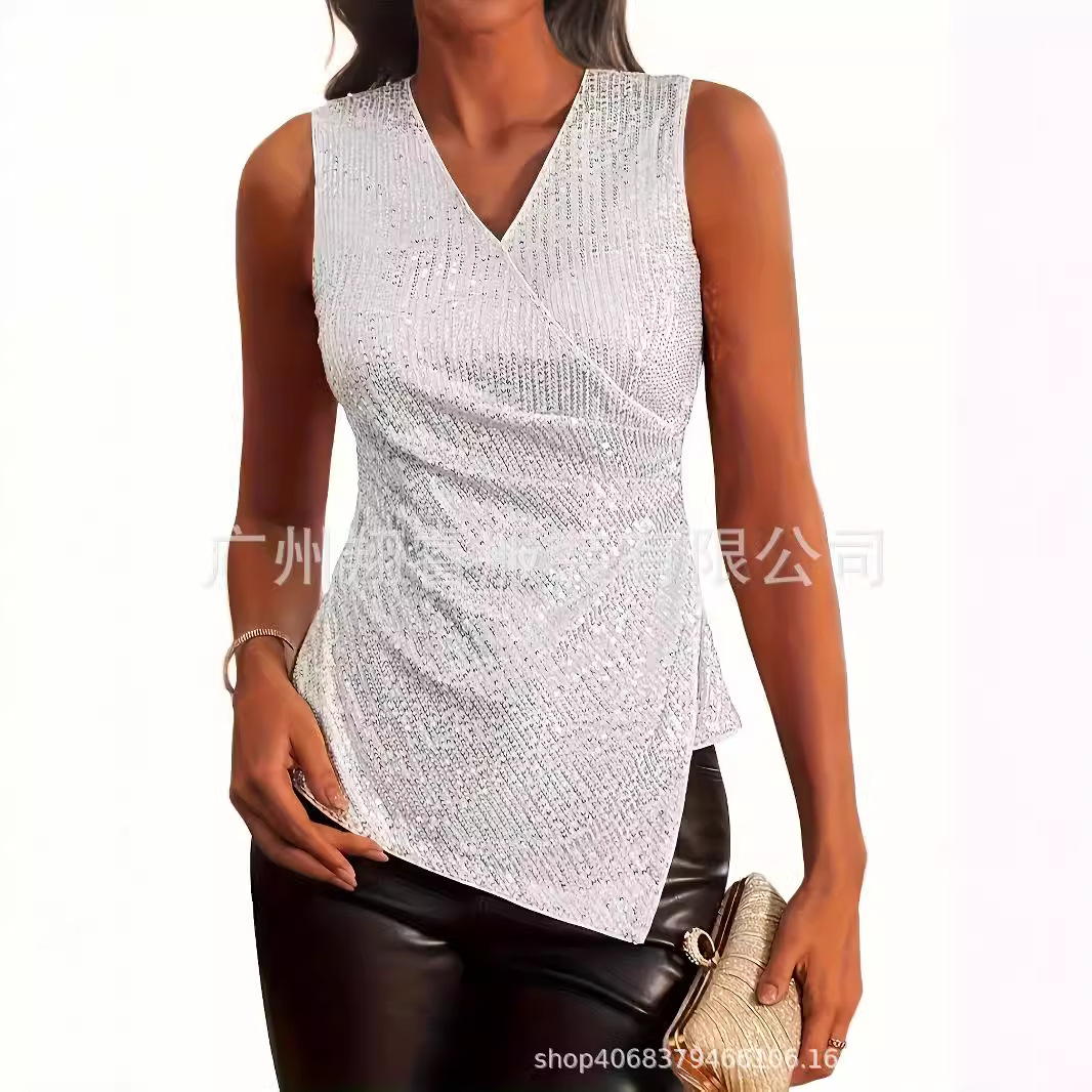 亚马逊女式 2024亮片闪亮上衣无袖v领褶饰不对称闪亮派对衬衫上衣