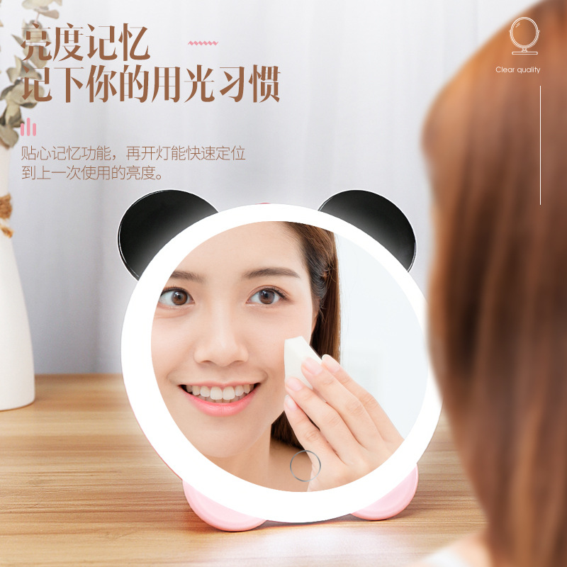 led panda makeup mirror cartoon young girl cosmetic mirror touch smart luminous mirror student fill light mirror wholesale