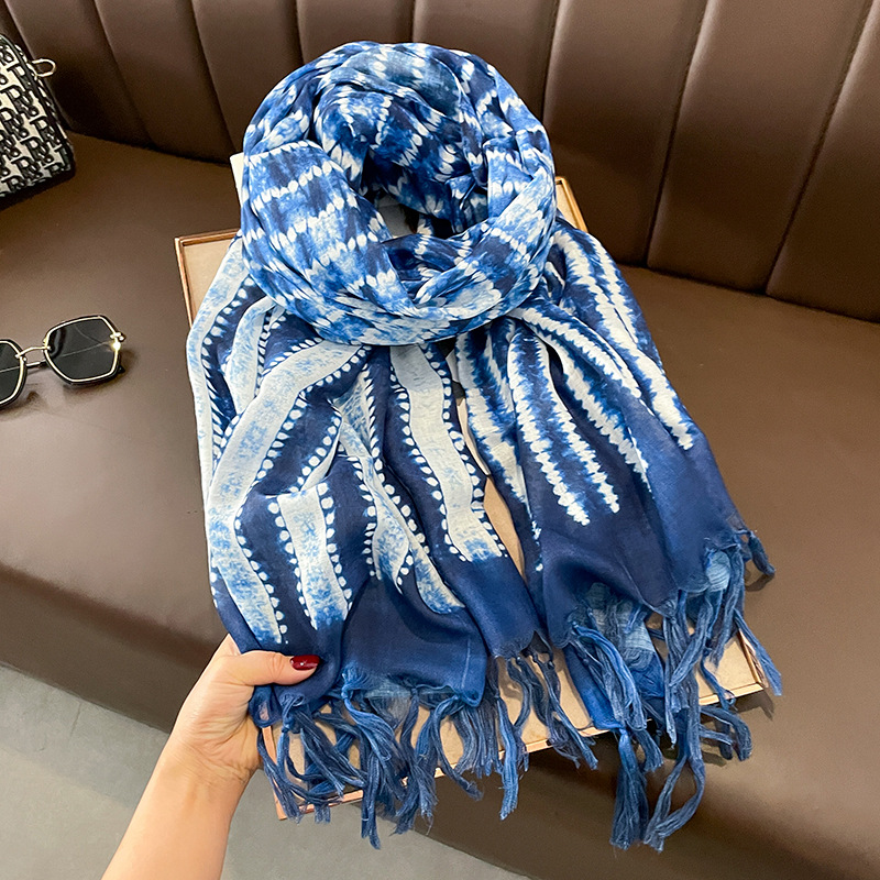 Spring and Autumn Waxed Vintage Blue Scarf Women's Cotton and Linen Summer Air-Conditioning Shawl Ethnic Style Tassel Long Scarf