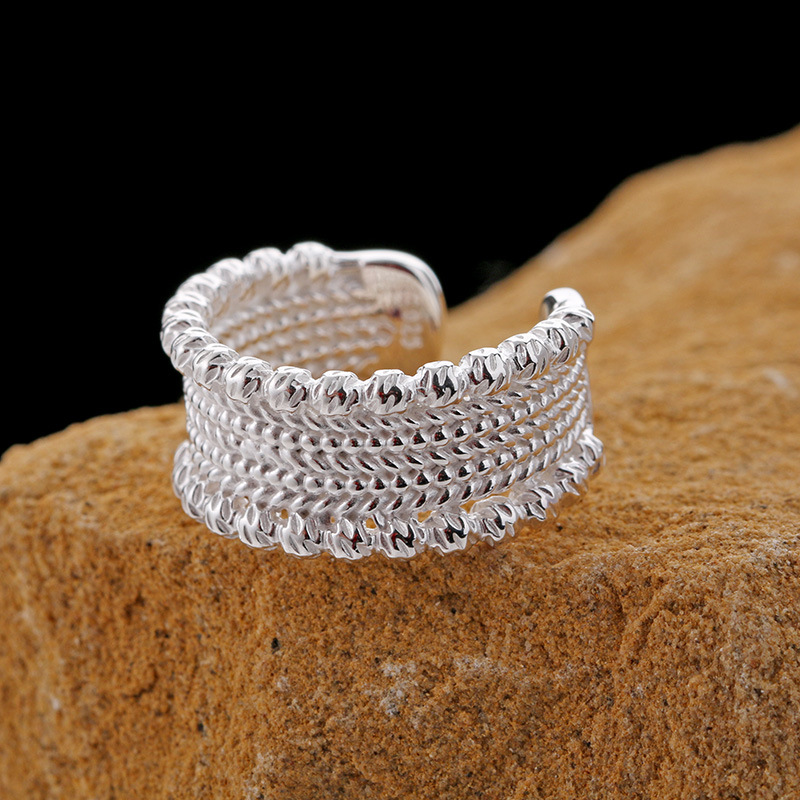 s925银凹面宽版蕾丝圆珠麻花编织戒指女潮款小众冷淡风开口指环