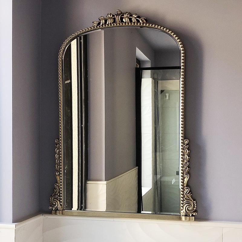 欧式法式复古浴室镜轻奢卫生间壁挂镜子玄关壁炉拱形雕花装饰镜框
