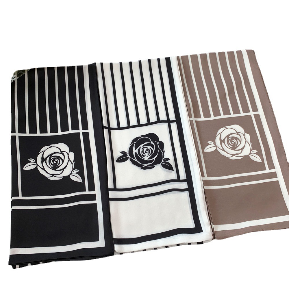 Original Art Plain Striped Flower and Leaf Artificial Silk Long Stripe Small Silk Scarf Women's Wide Version Decorative Ribbon Boxer Scarf