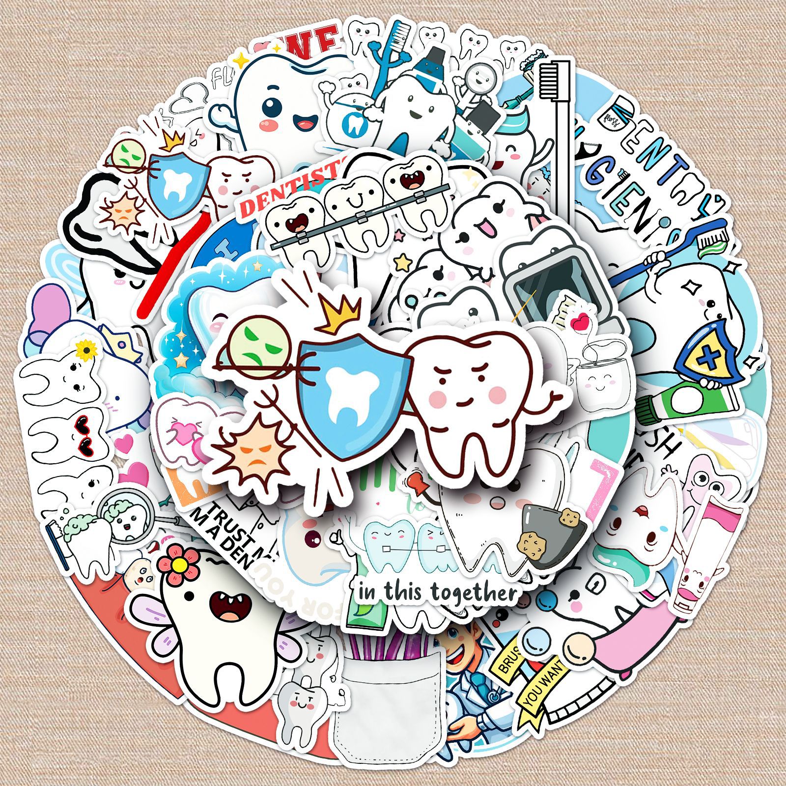 50张爱护牙齿涂鸦贴纸个性跨境宣传预防标识装饰水杯手机创意贴纸