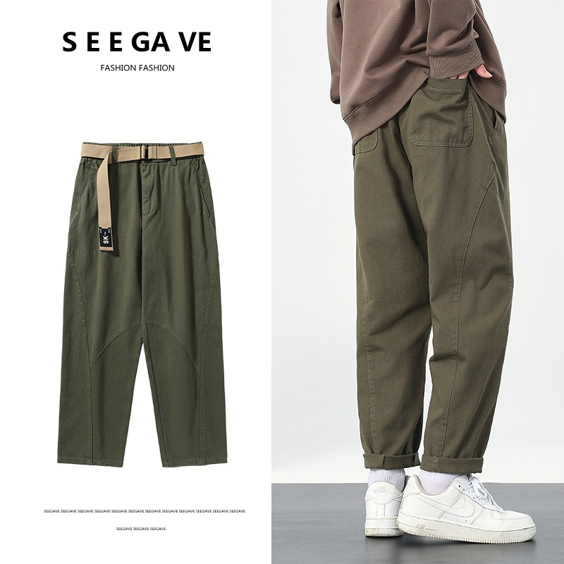 Spring Men's Loose Casual Pants with Belt Men's Washed Hip Hop Cotton Pants Men's Trendy Long Pants