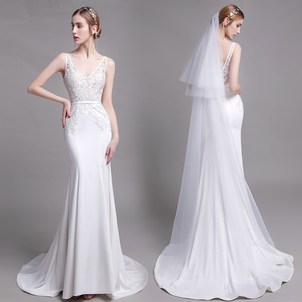 2022新款外贸双肩蕾丝包臀鱼尾长拖尾礼服裙出门纱草坪婚礼主婚纱