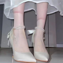 婚鞋女2024新款白色高跟鞋蝴蝶结法式气质尖头凉鞋设计感伴娘单鞋