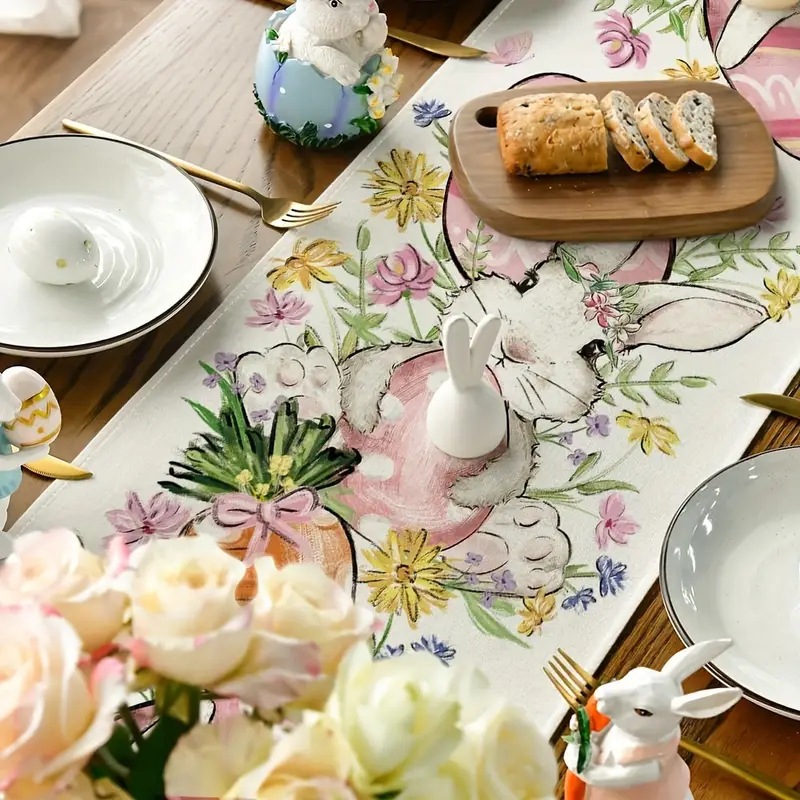Cross-Border Amazon Temu Popular Easter Linen Table Runner Rabbit Table Runner Kitchen Decorative Printed Dining Table Table Cloth