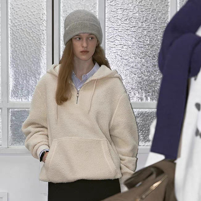 特价活动韩国小众 23秋冬新款 情侣款刺绣半拉链羊羔毛连帽卫衣
