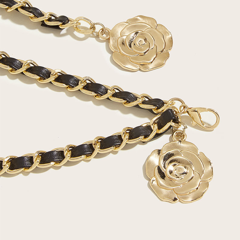 INS Metal Waist Chain Hanging Three Flowers Camellia Woman Chain Adjustable Elastic Thin Waist Accessories Clothing High Sense Foreign Trade Phants Zipper