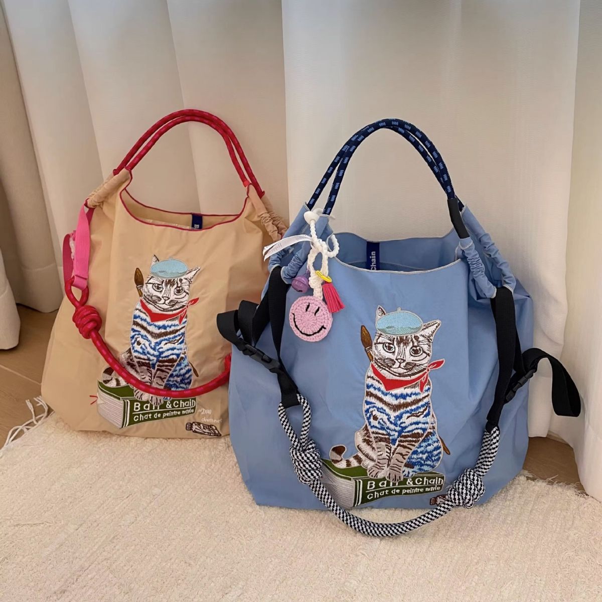 Japanese Same Style as Gao Yuanyuan's Painter Cat Embroidery Shopping Bag Large Capacity Nylon Eco-friendly Bag Portable Shoulder Messenger Bag