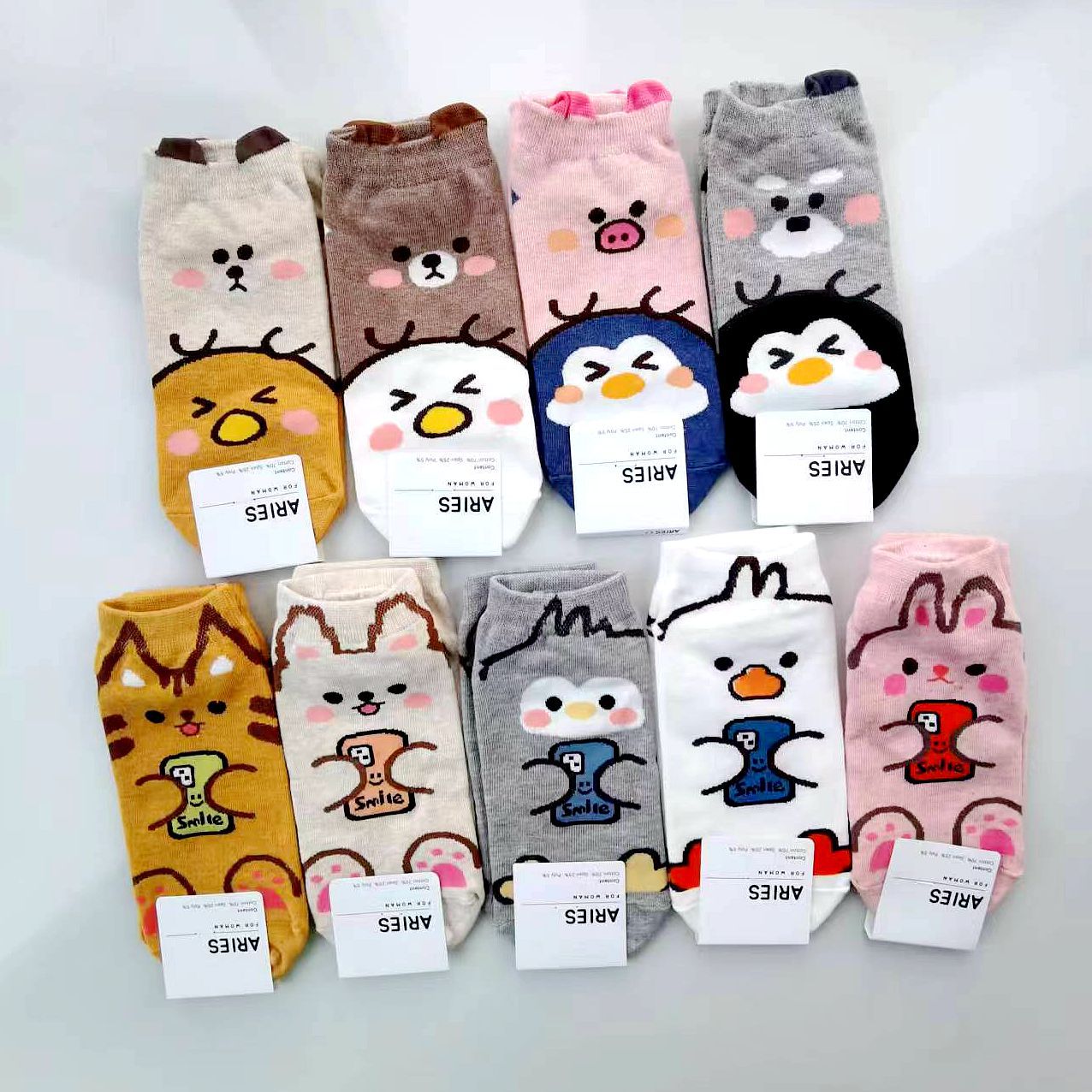 跨境代发春夏薄棉女短袜可爱少女彩色动物低帮aries韩国袜子批发