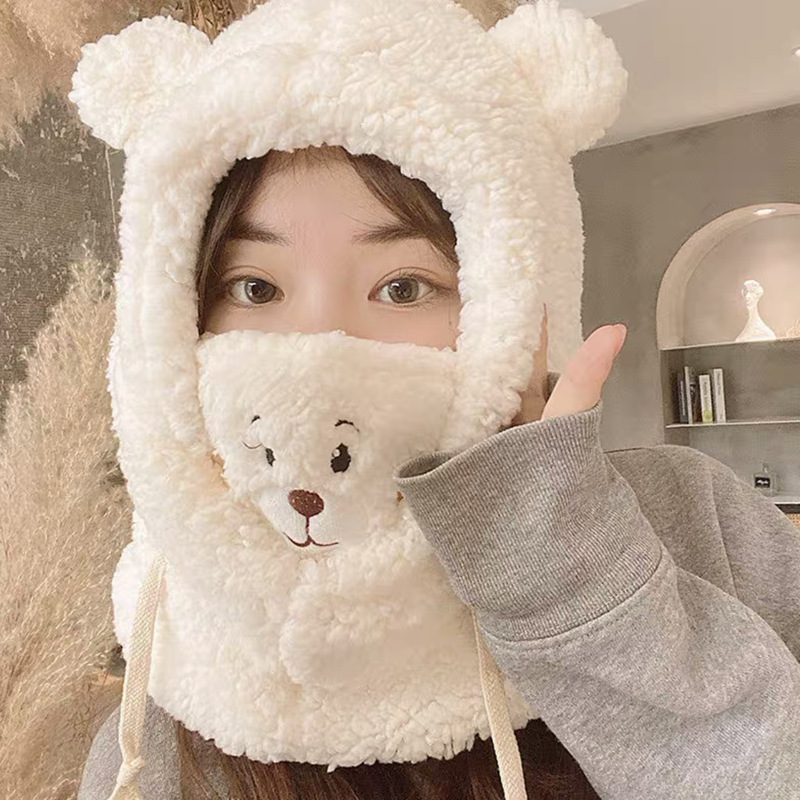 Plush Cute Bear Mask Integrated Hat Female Warm Windproof Cycling Warm Ear Protection Neck Warmer Pullover Cap Winter