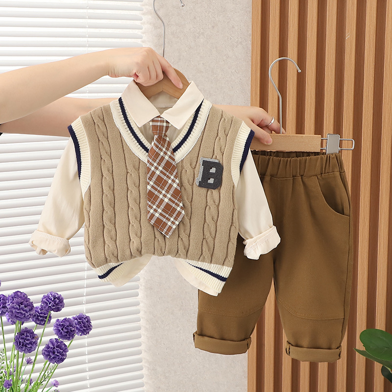 Boys Autumn Clothing Suit Tie B- Shaped Sweater Three-Piece Set 2023 New 1-2-4 Years Old Children's Wear Casual Fashionable