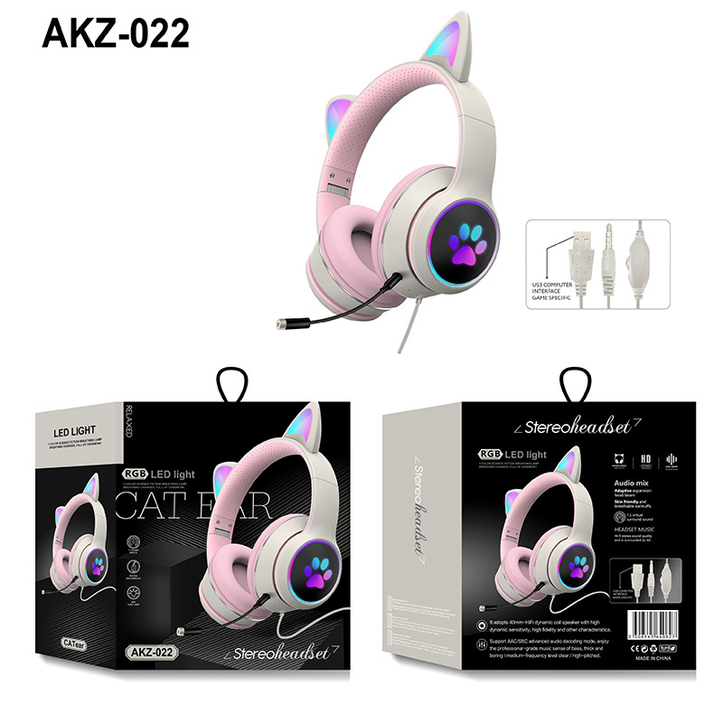AKZ-022 Cross-Border E-Commerce New Cat Ear Headset Computer Headset Double Microphone E-Sports Game Luminous Headset
