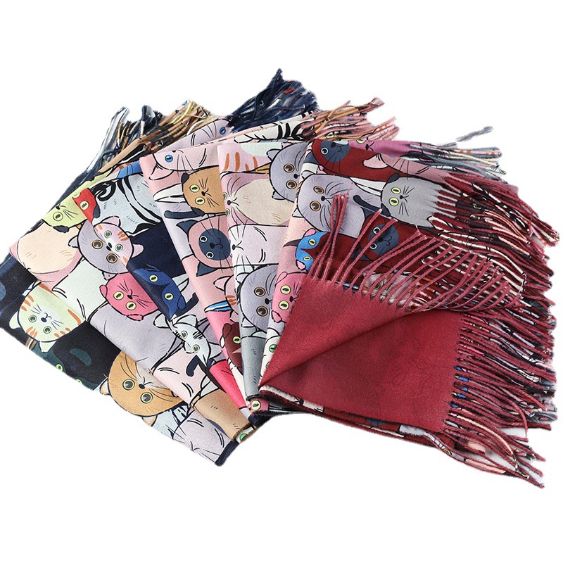 Shawl Digital Printing Scarf Imitation Cashmere Cartoon Cat Oil Painting Style Factory Custom Tassel