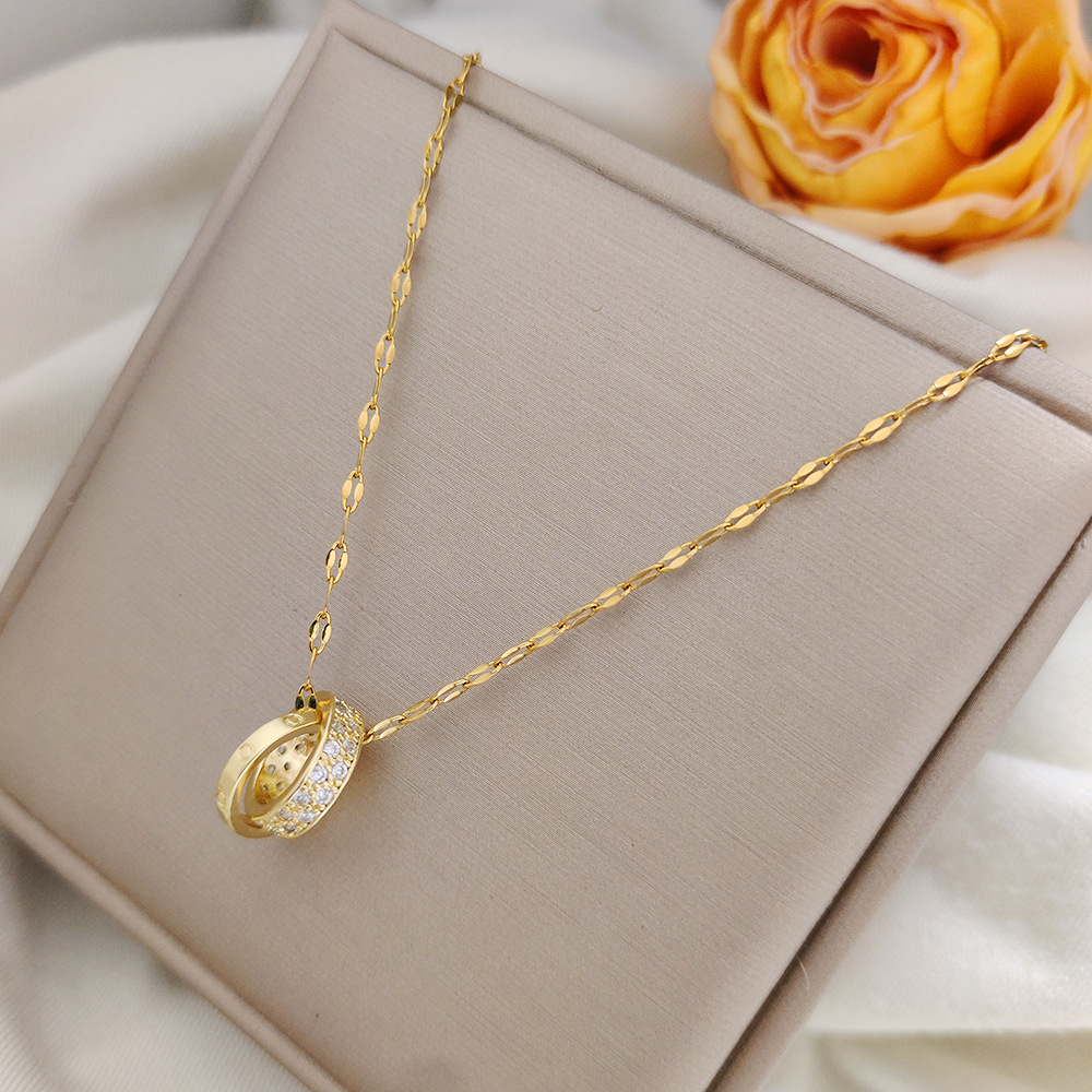 项链女网红环环相扣ins风双圈项链双环满钻吊坠简约轻奢气质锁骨