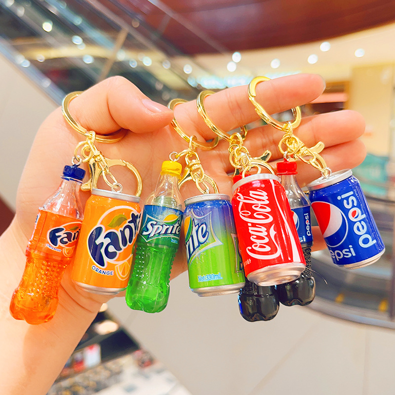 Cartoon Super Simulation Cola Sprite Beverage Bottle Cans Couple Bags Automobile Hanging Ornament Small Gift Keychain