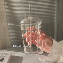 简约ins大容量水杯玻璃吸管杯带盖果汁饮料杯耐热高硼硅咖啡杯子