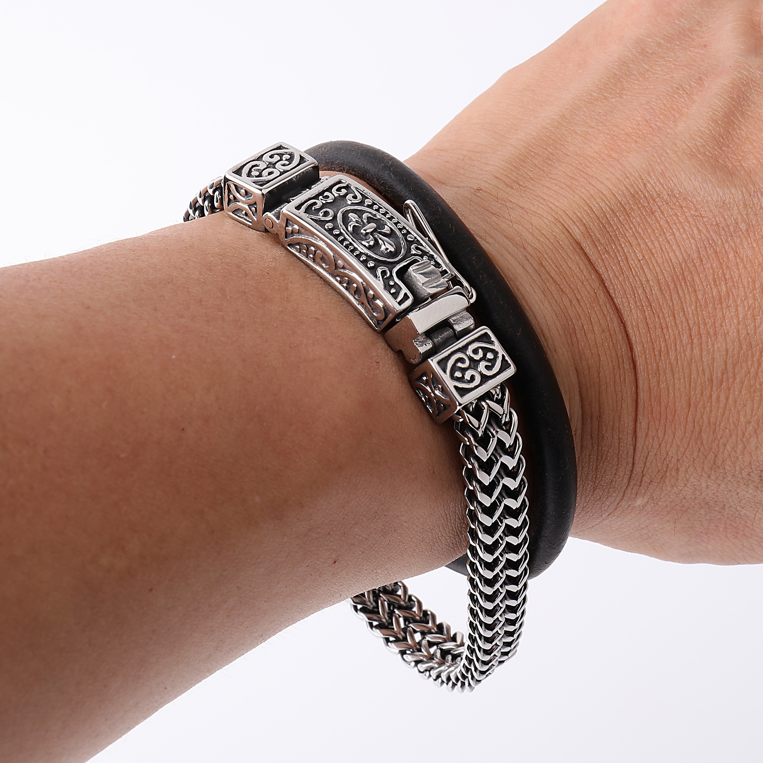 跨境电商欧美男士个性双排嘻哈不锈钢手链 钛钢朋克首饰品手镯链