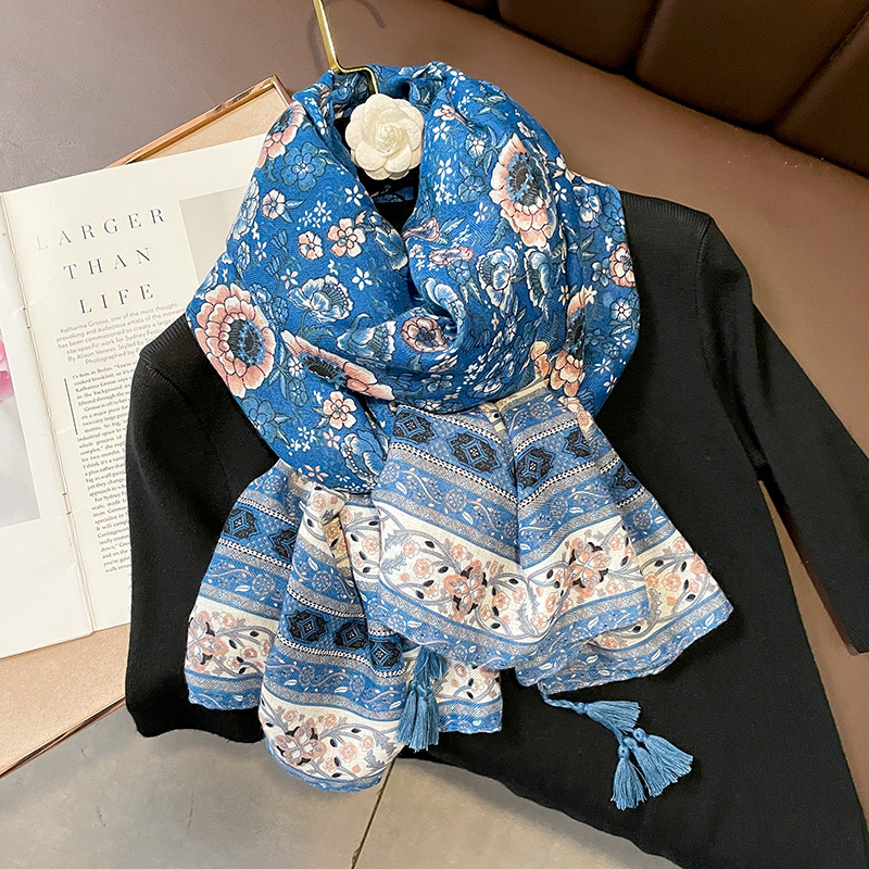 Ethnic Style Spring and Autumn New Blue Color Cotton and Linen Feel Thin Scarf Flower Stitching Floral Retro Easy Matching Shawl
