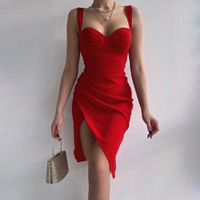 歐美外貿女裝2022新款夏季時尚純色V領修身顯吊帶開叉連衣裙批發