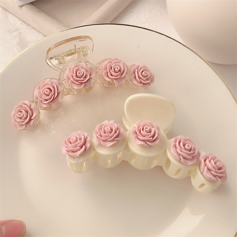 High-Grade Pink Flower Barrettes Back Head Exquisite Grip Shark Clip Large Camellia Grip Hair Accessories for Women