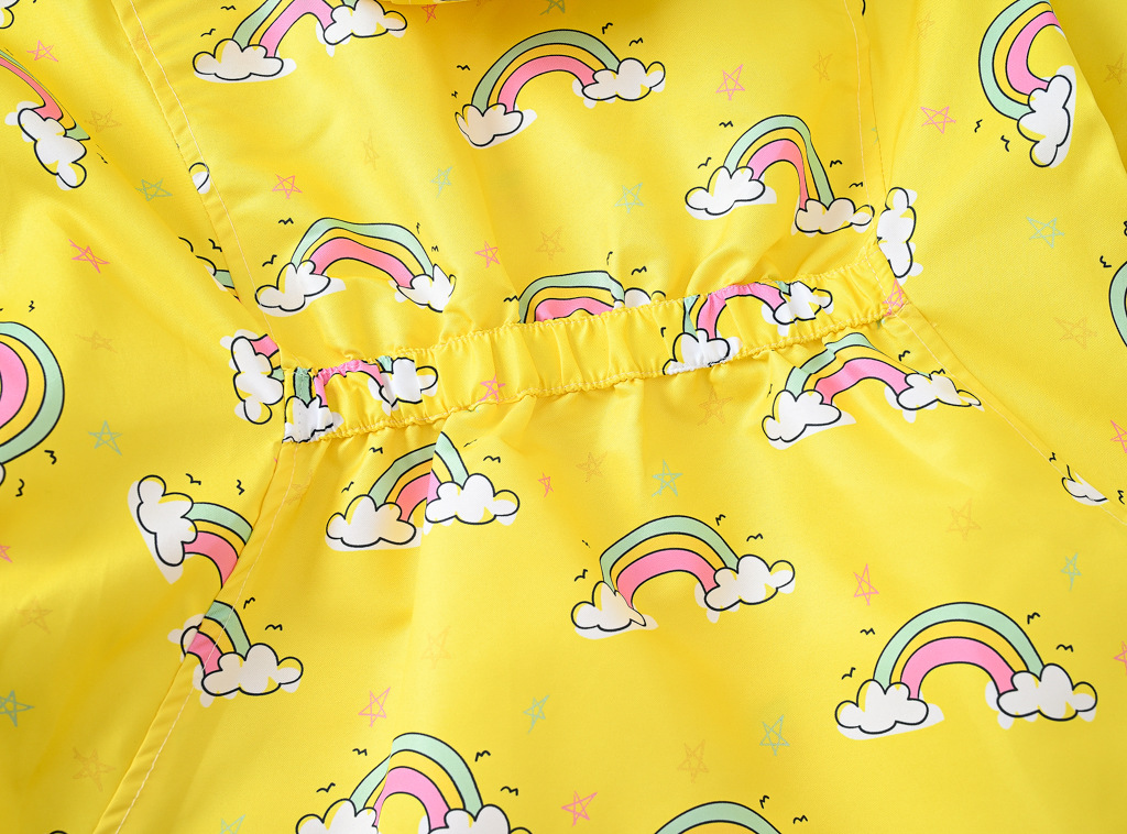 新款女童四色风衣外套 中小童彩虹印花收腰带帽休闲外套