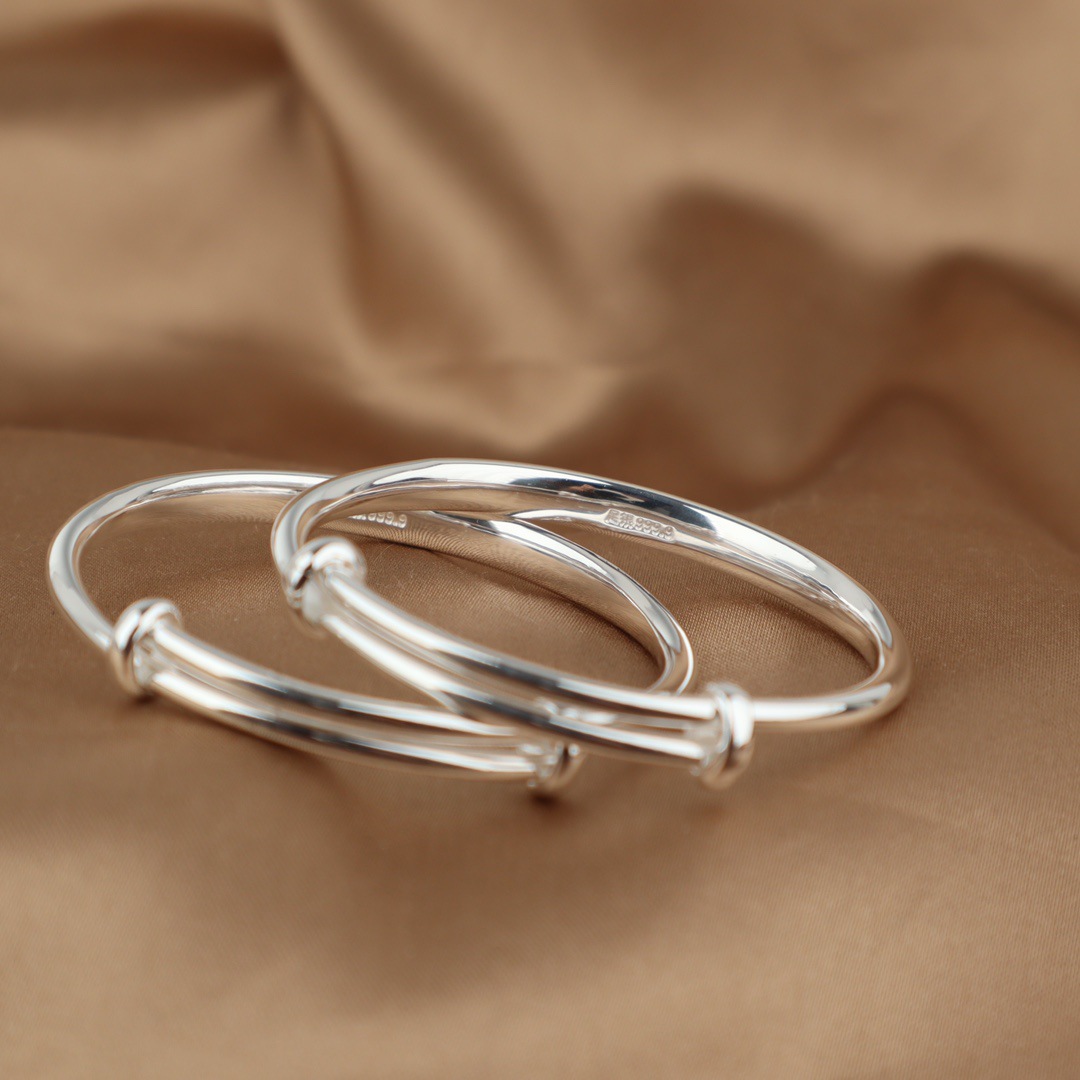 纯银镯子9999足银祥云三福纯银手镯宝宝小孩满月纯银童镯银饰品