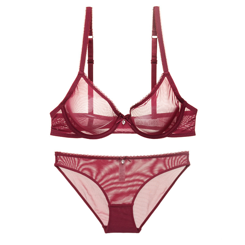 夏季超薄性感诱惑透视网纱聚拢内衣全透明黑色薄款胸罩文胸套装