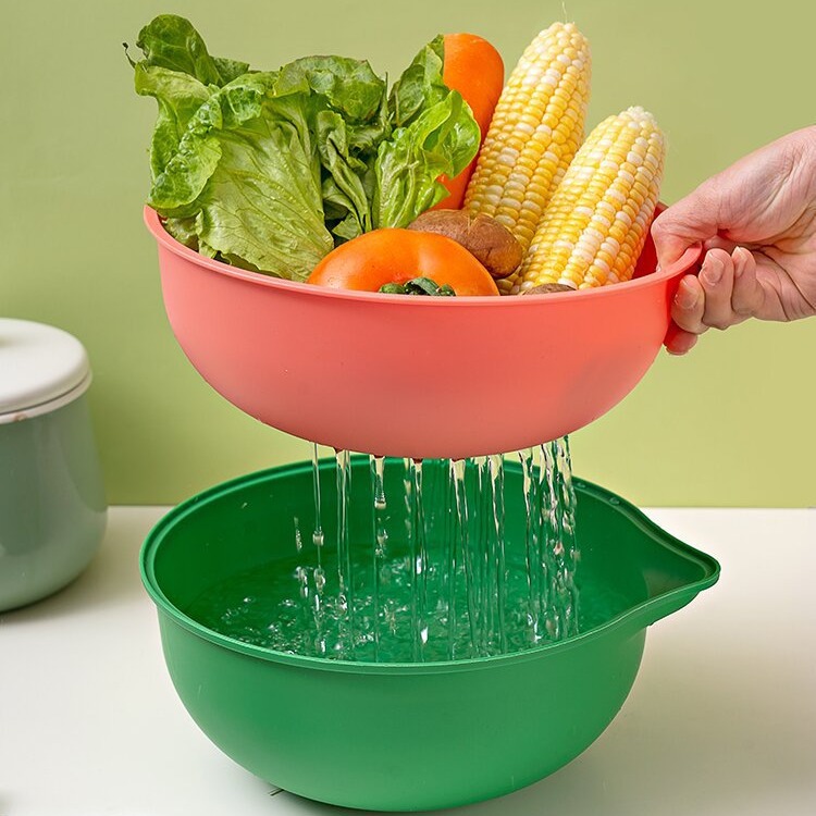 Sieve Water Basketable Nets Red Washing Basin Drain Basket Kitchen Double Layer Vegetable Washing Basket Fabulous Fruit Washing Tool Washing Vegetables Basin Fruit Plate
