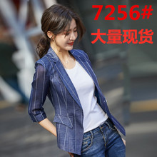 2023小西装外套女春夏薄款中袖小个子七分袖短款垂感条纹西服