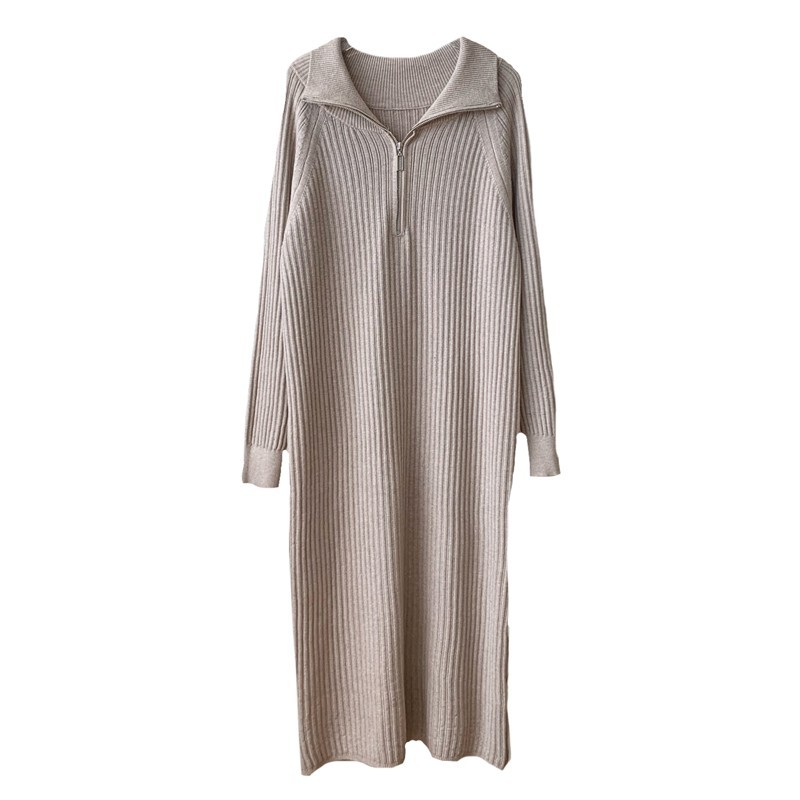 Simple Texture Half Zip Placket Western Style Youthful-Looking Mid-Length Wool Blended Knitted Dress Autumn and Winter 102805