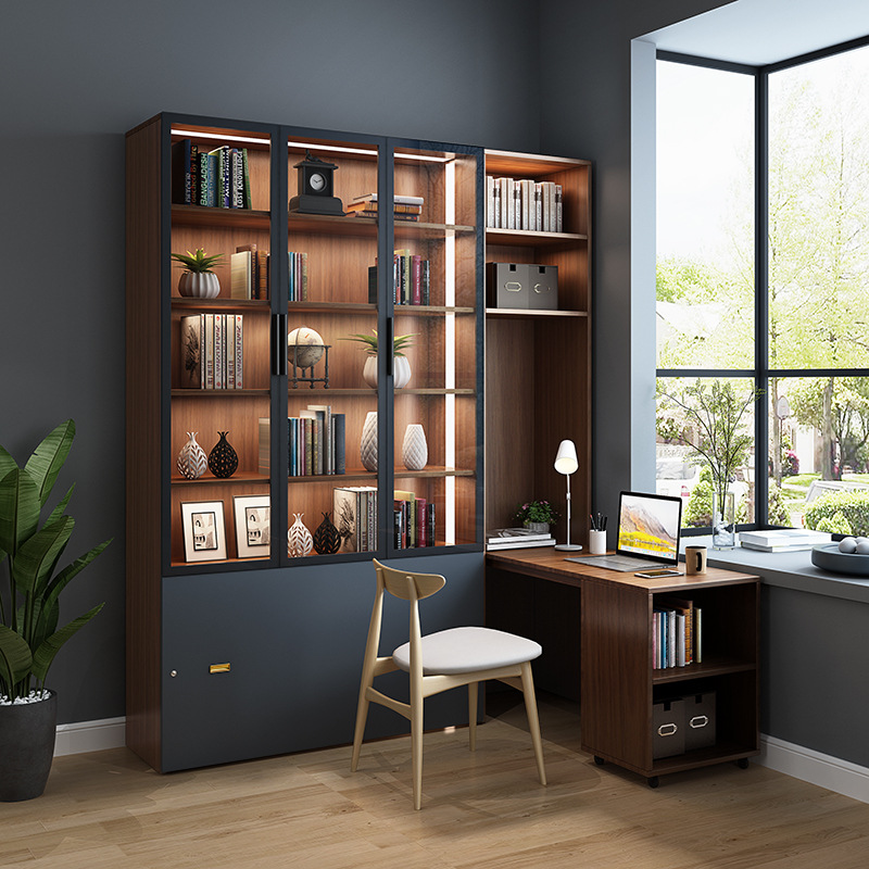 轻奢满墙书柜书桌一体靠墙带玻璃门书房整面墙落地书橱折叠床组合