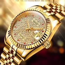瑞士镶钻满天星金色全自动机械表 外贸商务钢带夜光防水男士手表