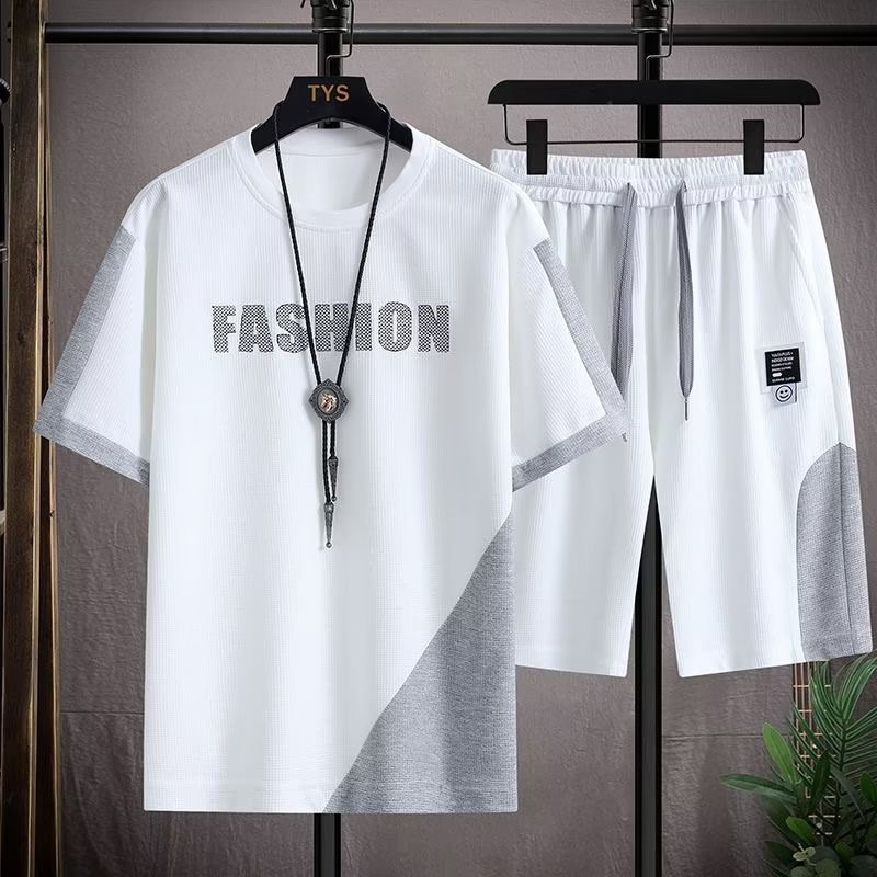 Short Sleeve Suit Men's Summer New Simple Casual Sports Loose Waffle with a Set