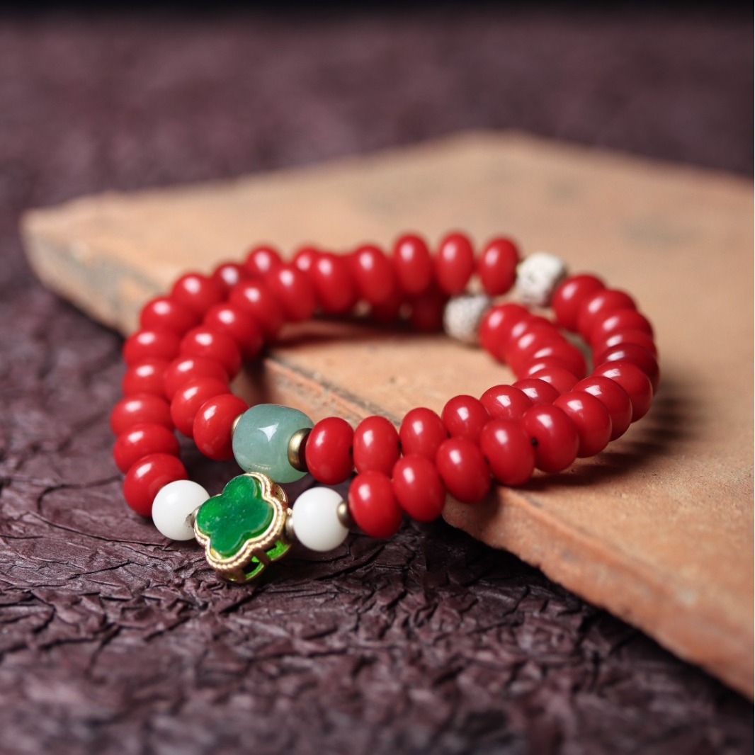 红白玉菩提根子手链算盘串念青玉佛珠幸运四叶草复古男女士配饰品