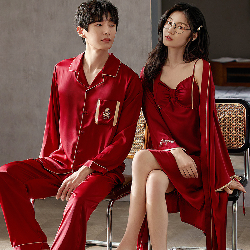 Tilemeng Autumn and Winter Wedding Warm Couple Red Comfortable Thin South Korean Satin Ice Silk Festive Couple Home Pajamas