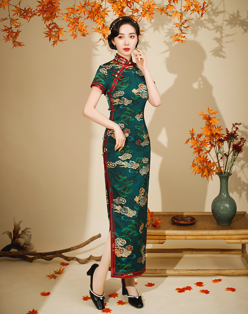 花罗缎双层长款短袖旗袍2022春夏新款复古改良中国风女士宴会旗袍